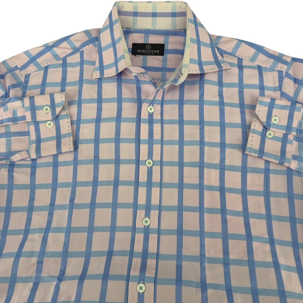 Bugatchi Uomo Mens Large Pink Blue Windowpane Check Cotton Button Down Shirt L